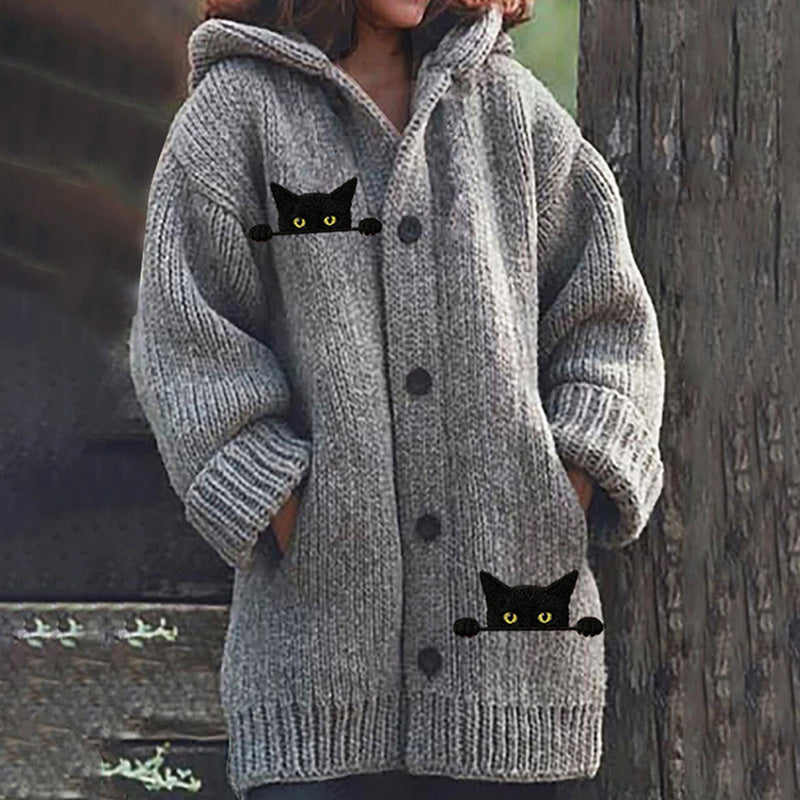 Women's Casual Funny Black Cat Print Hood Sweater
