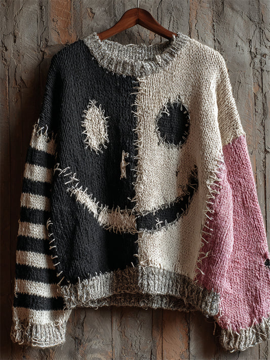 Halloween Spooky Face Contrast Stitched Cozy Knit Sweater