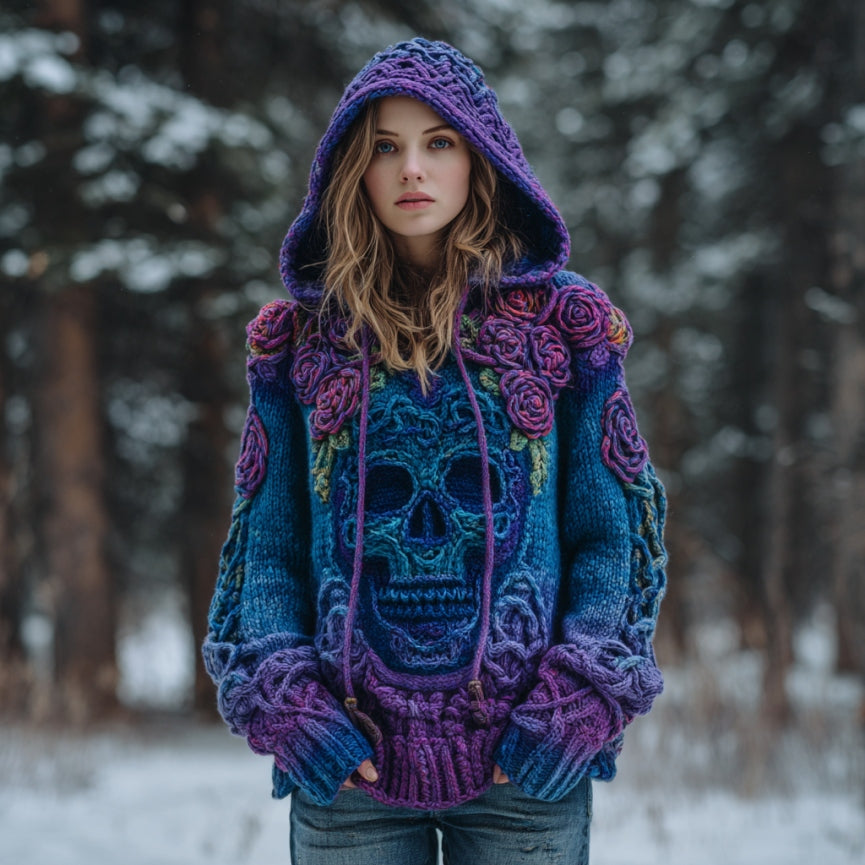 Women's Vintage Skull Floral Gradient Celtic Art Knit Hooded Sweater