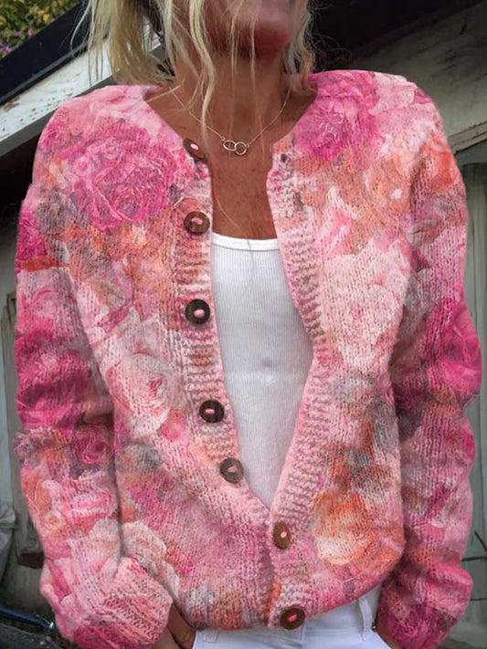 Women's Pink Floral Pink Awareness Print Buttoned Cardigan Sweater