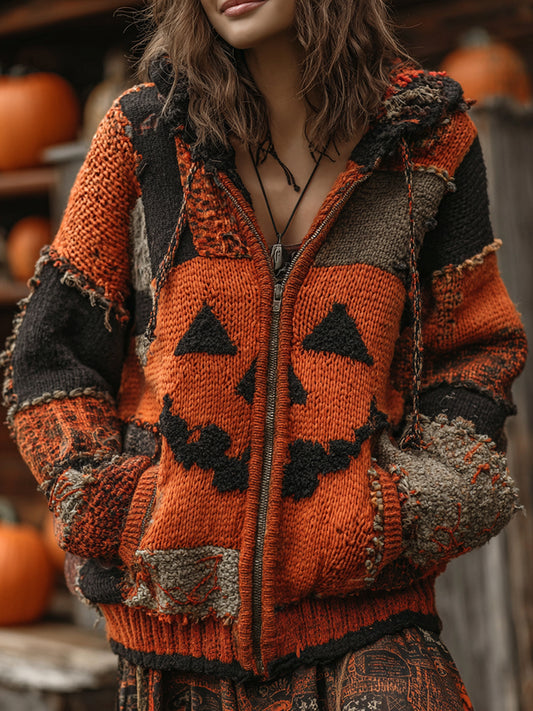 Patchwork Halloween Pumpkin Face Art  Cozy Knit Hooded Cardigan