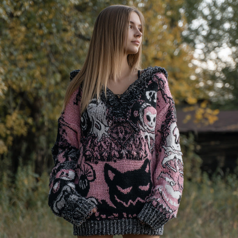 Women's Vintage Halloween Black Cat Knit Hoodie Sweater
