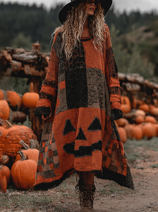 Vintage Halloween Pumpkin Face Patchwork Art Linen Long Sleeve Maxi Dress