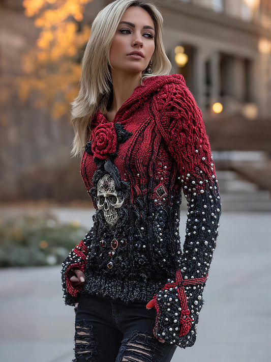 Women's Viking Tribal Raven With Rose And Skull Inspired Knit Hooded Sweater