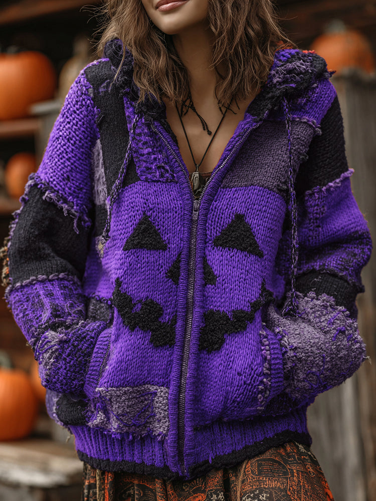 Patchwork Halloween Pumpkin Face Art  Cozy Knit Hooded Cardigan