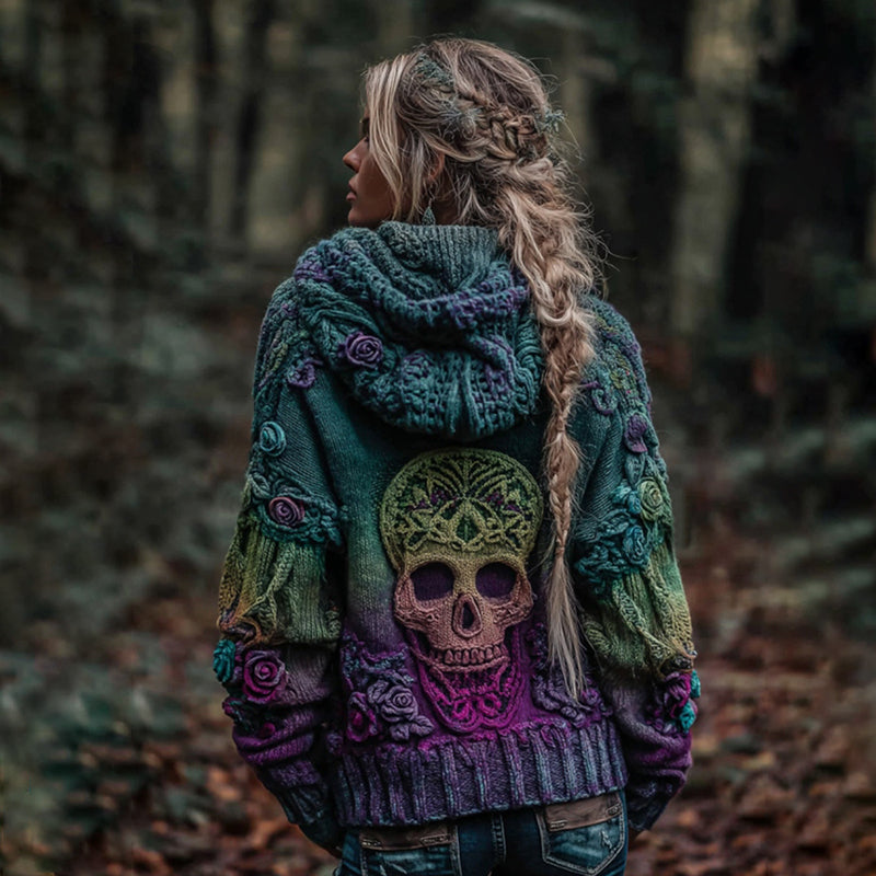 Women's Vintage Viking Skull And Rose Gradient Art Knit Hooded Sweater