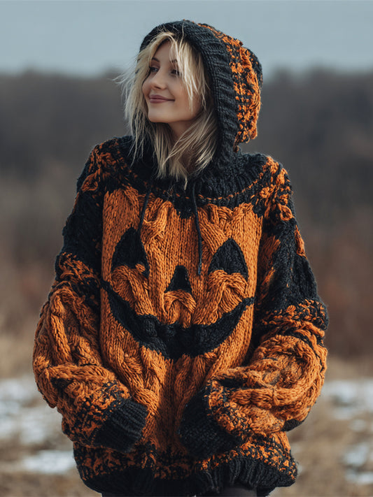 Halloween Spooky Pumpkin Women's Chunky Knit Hooded Sweater