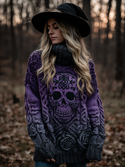 Women's Viking Tribal Jacquard Celtic With Rose And Skull Inspired Chunky Knit Turtleneck Sweater