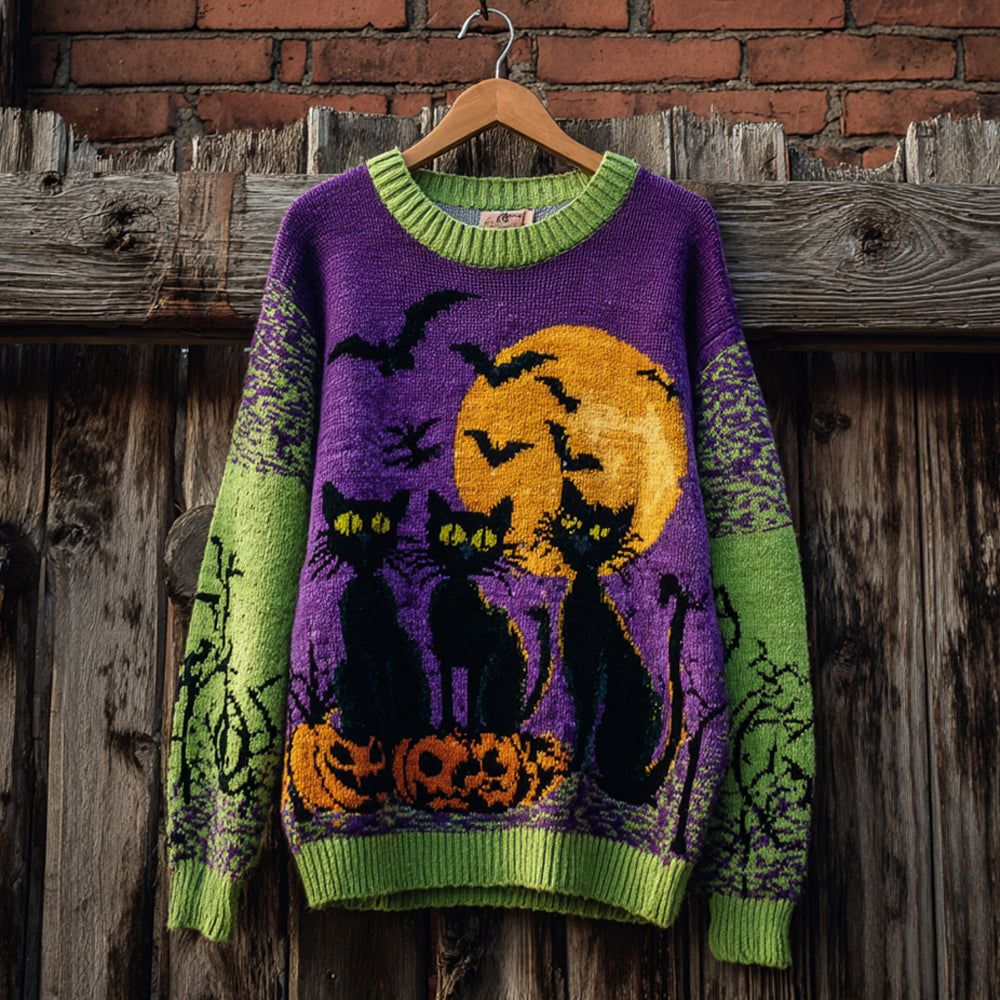 Halloween Black Cat Color Clash Women's Knitted Sweater