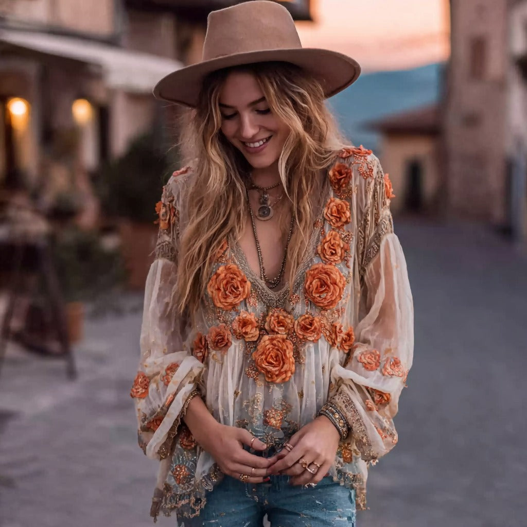 Women's Orange Rose Embroidery Casual V-neck Shirt