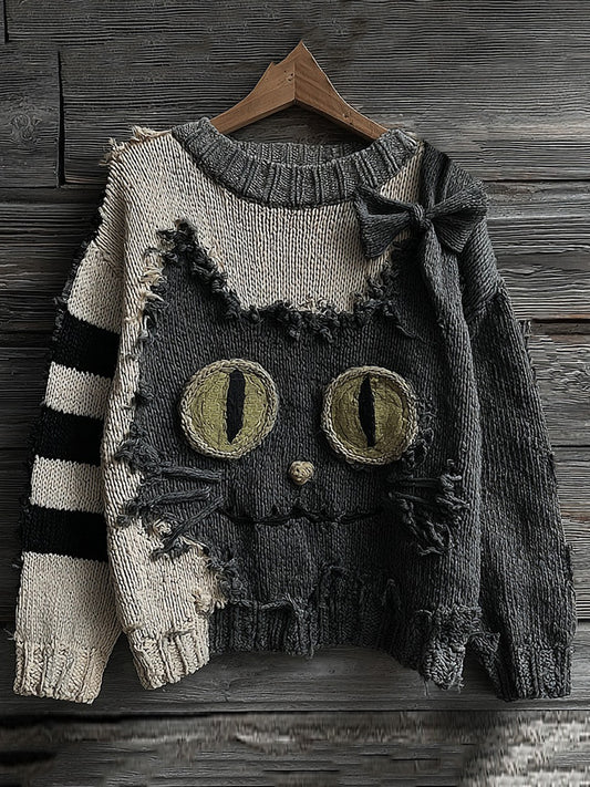 Halloween Cute Black Cat Striped Knitted Crew Neck Sweater