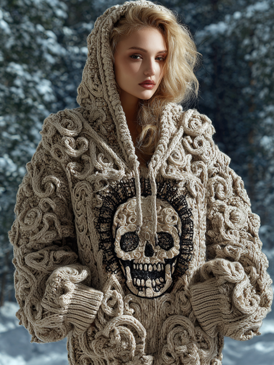 Halloween Skeleton Element Viking Style Women's Hooded Pullover Knit Sweater