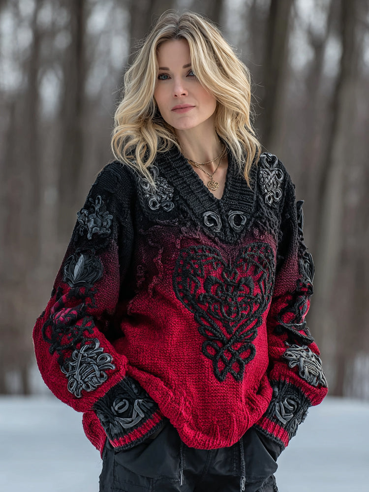 Women's Vintage Heart Art V Neck Cozy Knit Sweater