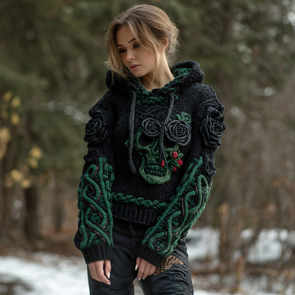 Women's Vintage Celtic Knot Skull And Rose Patchwork Hooded Sweater
