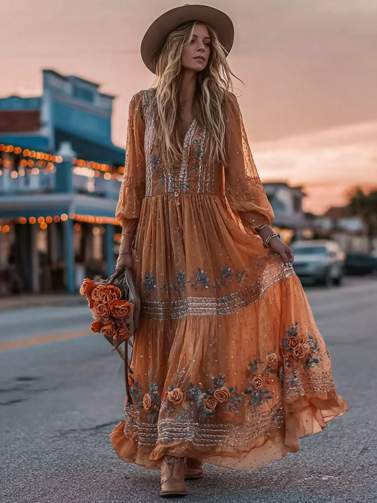 Women's Orange Rose Gilded Pattern Elegant Long Sleeve V-neck Dress