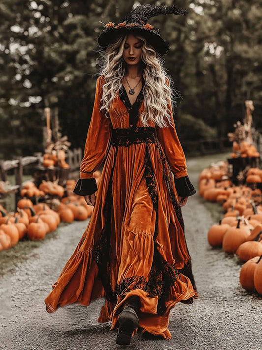 Women's Classic  Pumpkin Orange Halloween Art Comfy Velvet Maxi Dress