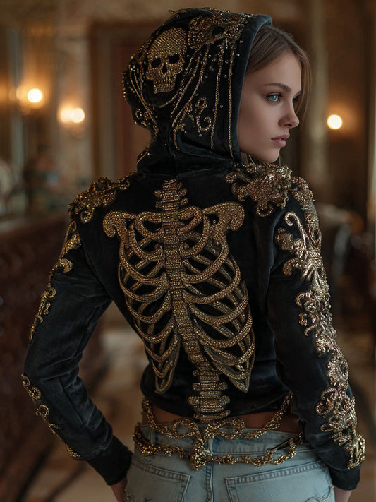 Women's Gothic Skull And Floral Embroidery Comfortable Hoodie