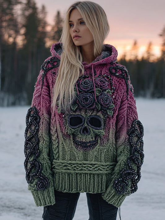 Women's Vintage Skull Flower Gradient Celtic Art Cozy Knitted Hooded Sweater