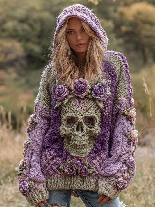 Women's Rose And Skull Inspired Knit Cozy Hooded Sweater