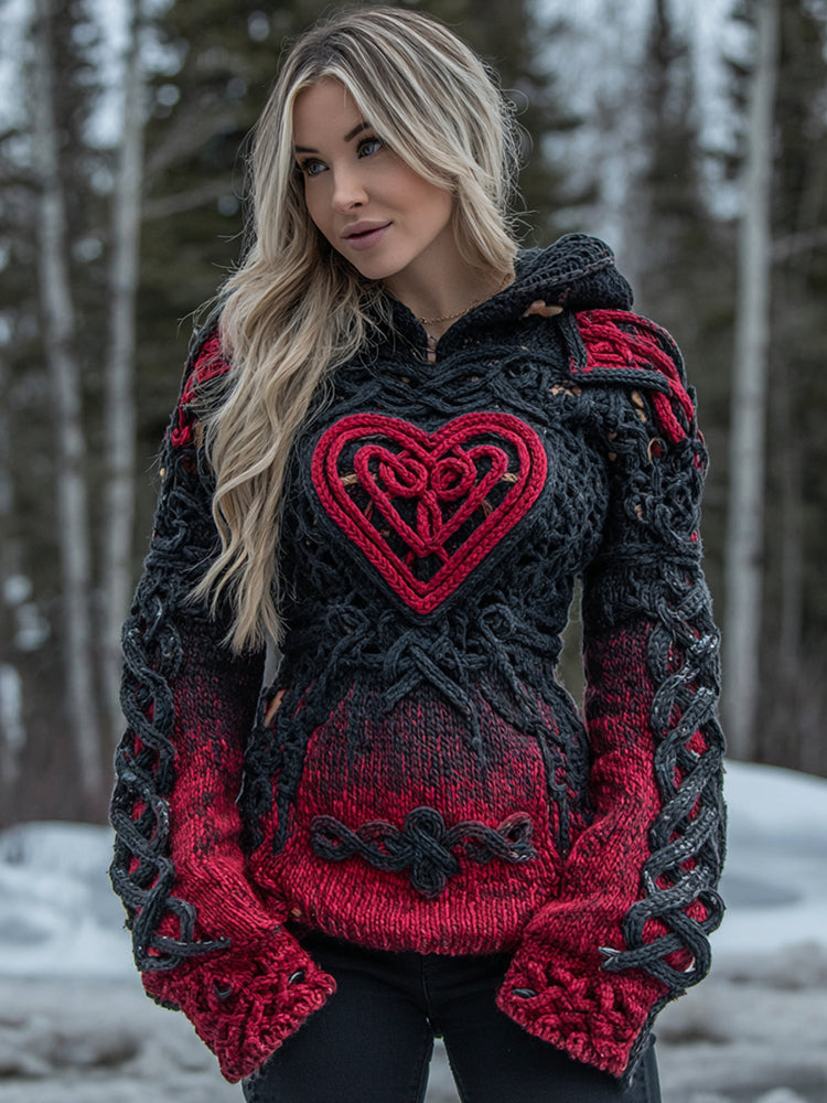 Women's Vintage Heart Art Knit Hooded Sweater