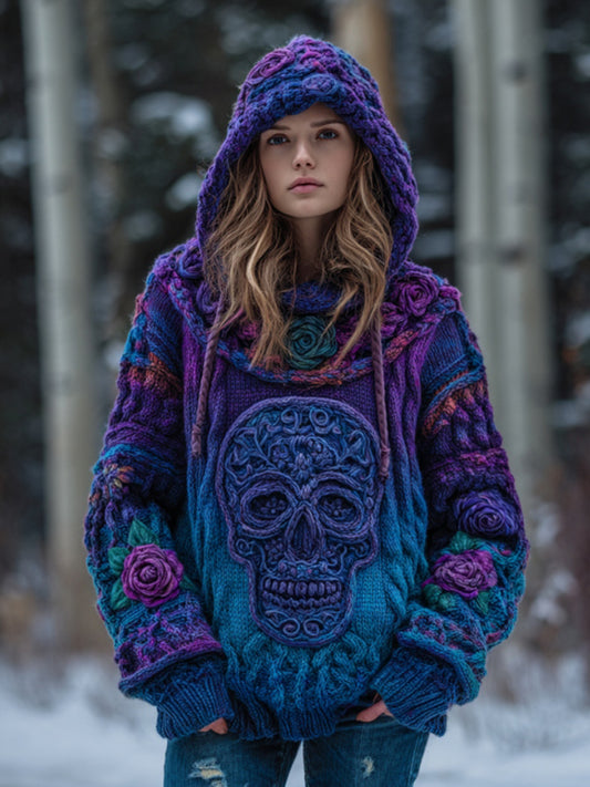 Women's Vintage Skull Floral Gradient Art Knit Hooded Sweater
