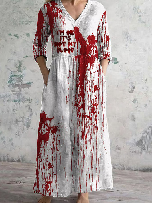 Women's  Blood Stains Print Cotton Graphic V-neck Dress