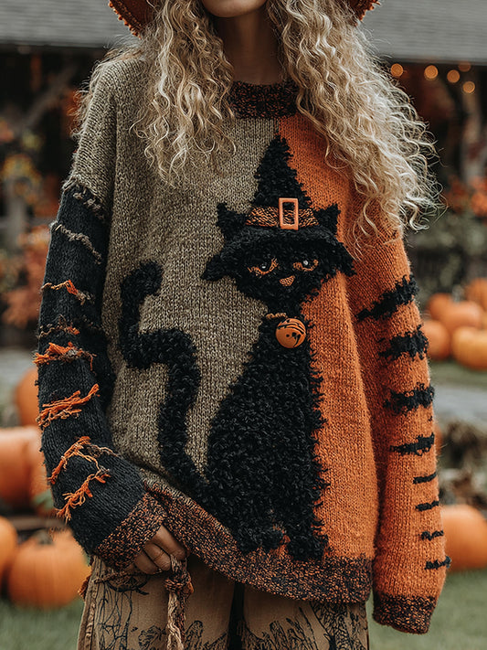 Halloween Cute Witch Cats Art Cozy Knit Sweater