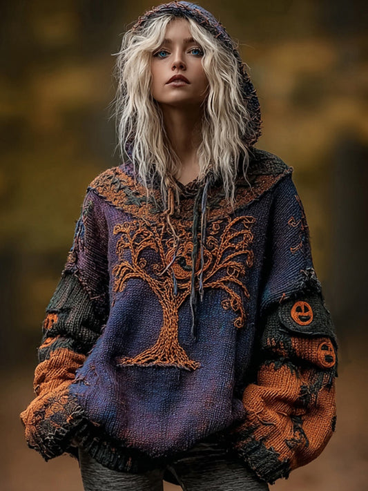 Tree Of Life Pumpkin Face Chunky Crochet Hooded Sweater
