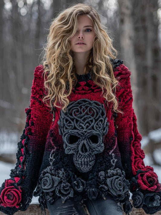 Women's Vintage Rose And Skull Gradient Art Cozy Knit Sweater