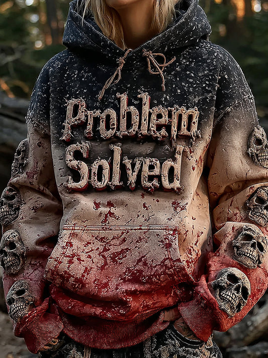 Unisex Vintage Bloody "problem Solved" With Skull Art Hoodie