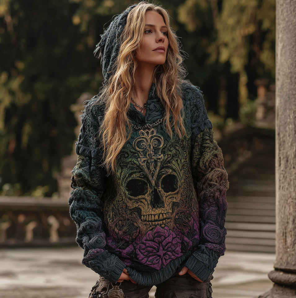 Women's Gradient Color Hooded Long Sweater With Viking Style Tribal Totem