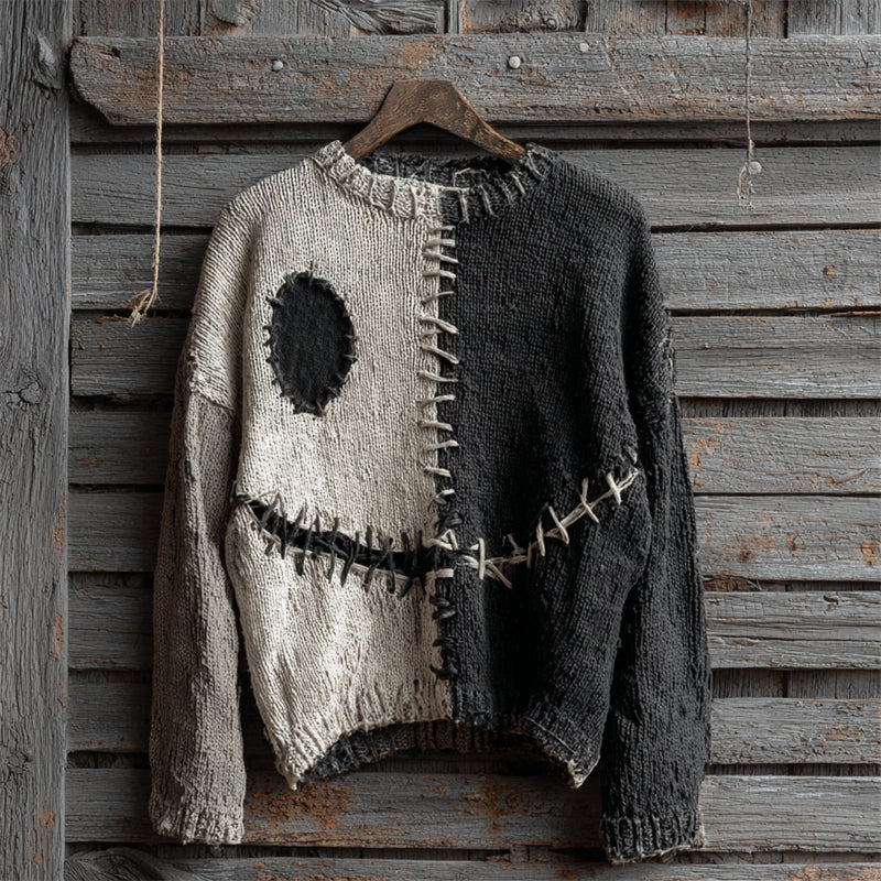 Halloween Spooky Face Contrast Stitched Cozy Knit Sweater