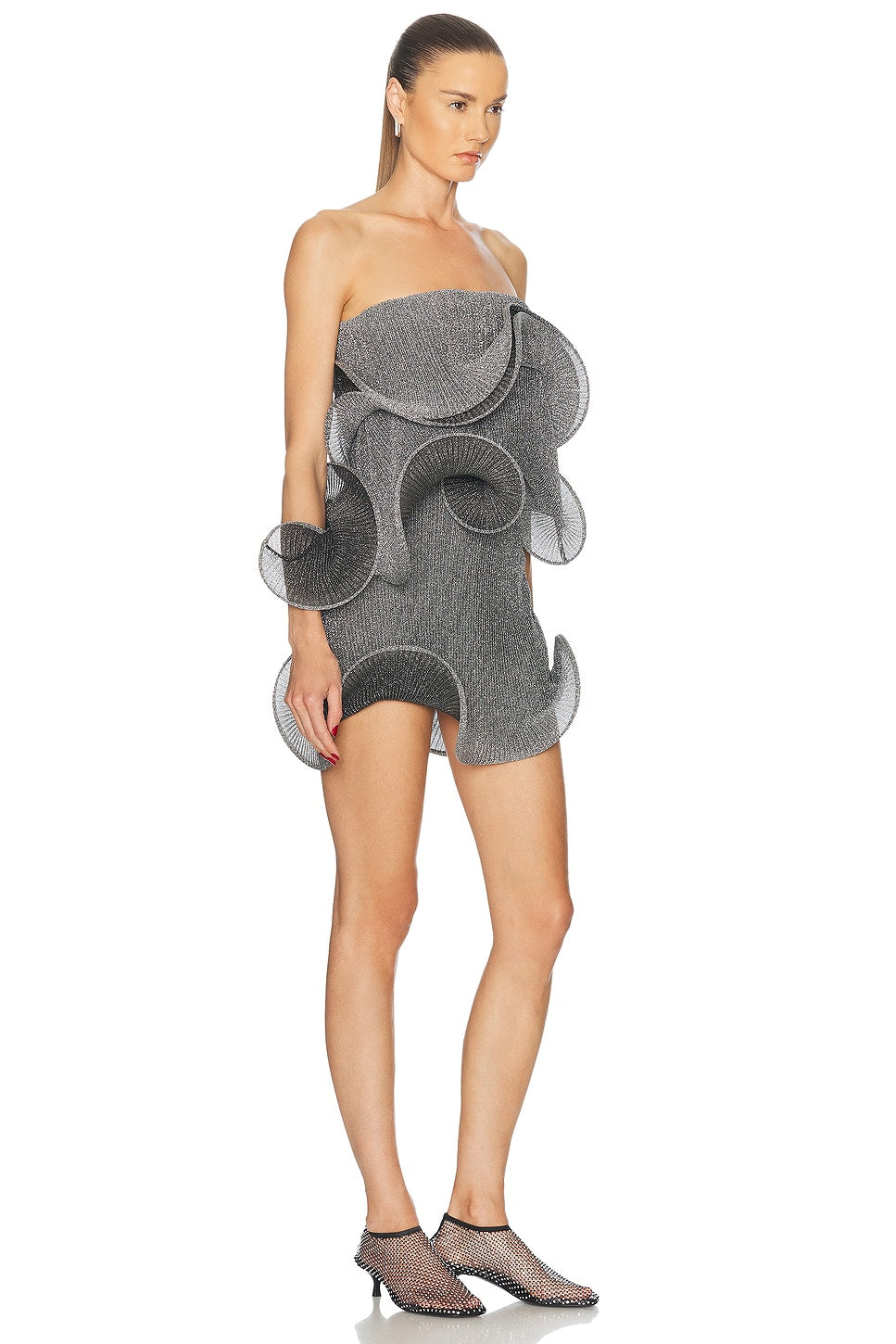 Silver Strapless Ruffled Mini Dress