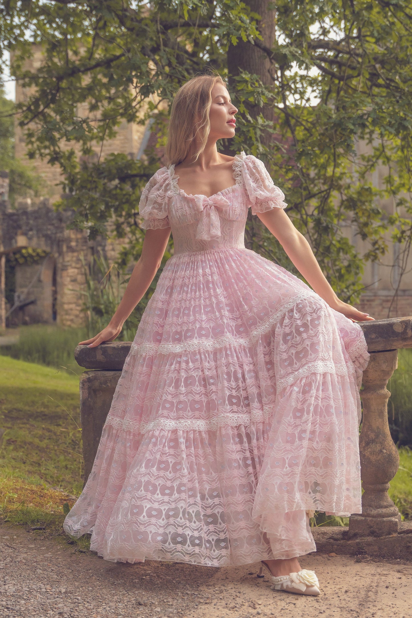 Pink Puff Sleeve Lace Layered Maxi Dress