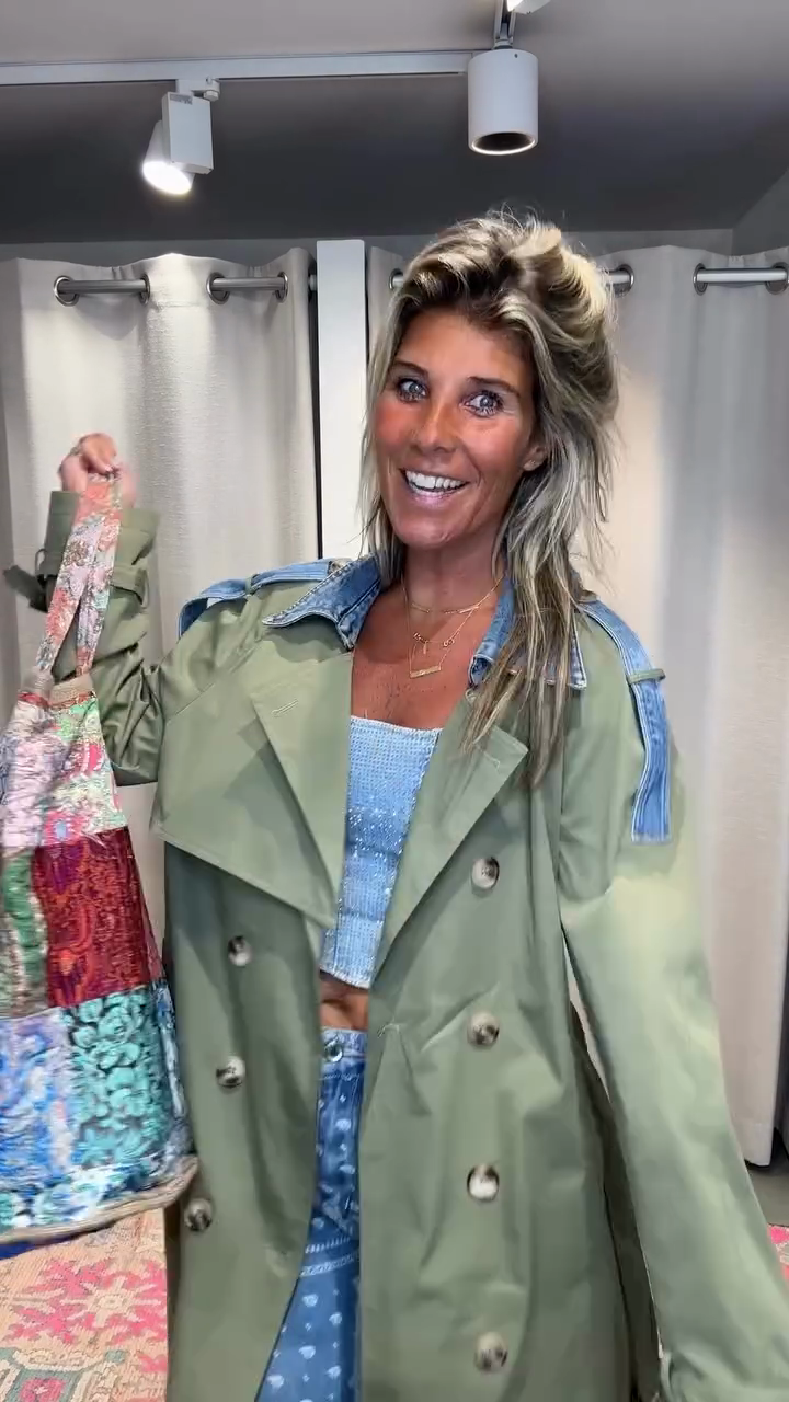 Olive Green Trench Coat with Denim Accents