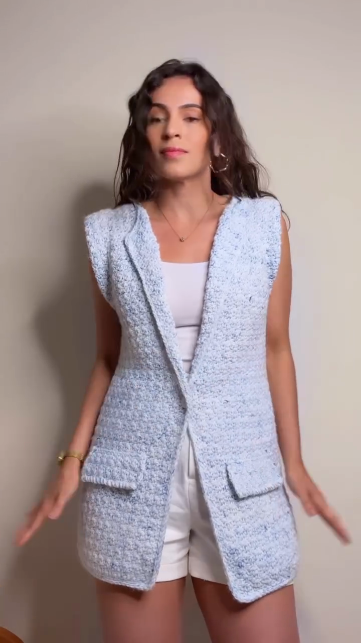 Light Blue Tweed Sleeveless Blazer Vest
