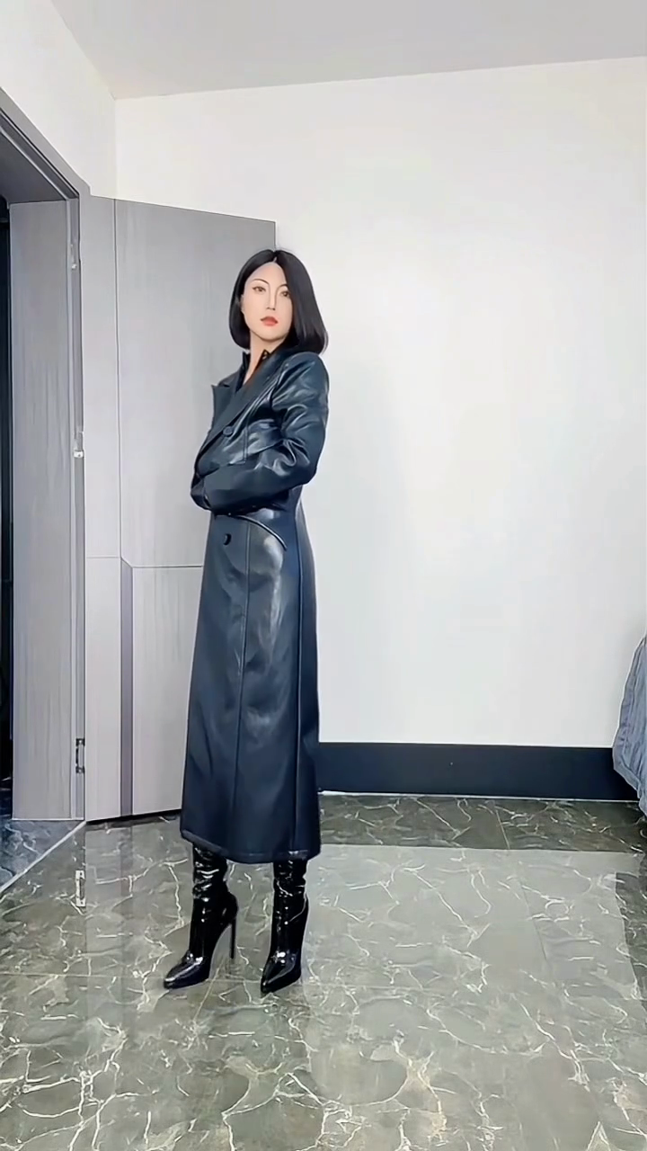 Dark Blue Leather Trench Coat