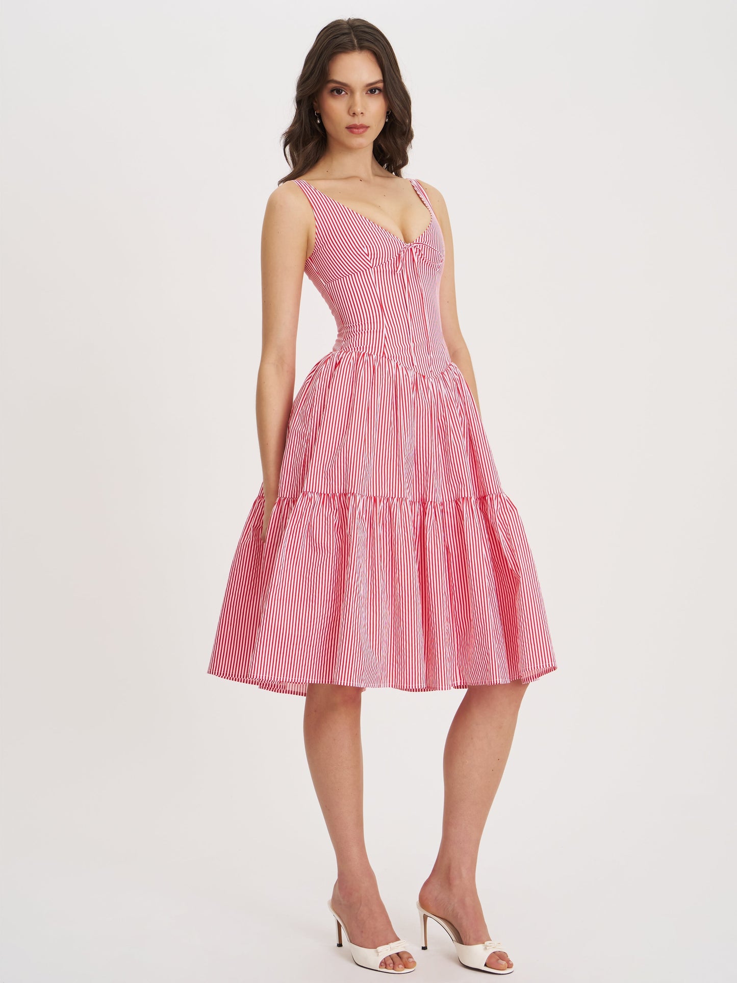 Pink and White Striped Corset Midi Dress