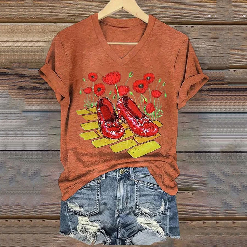 Classic Ruby Red Shoes Floral Painting V-Neck T-Shirt