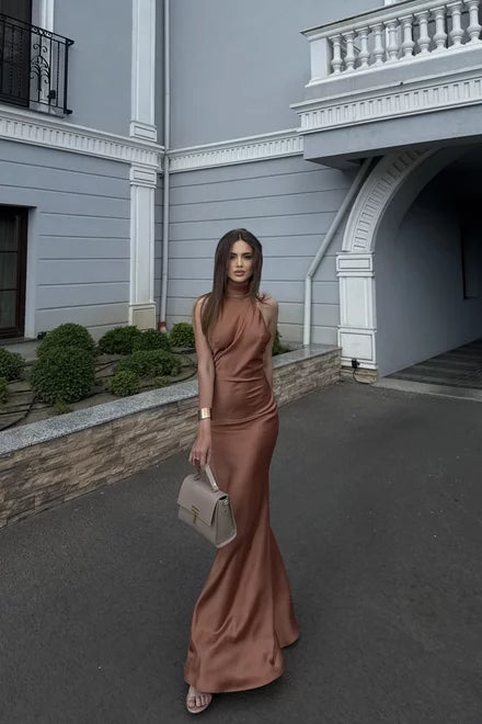 Brown Halter Neckline Maxi Dress