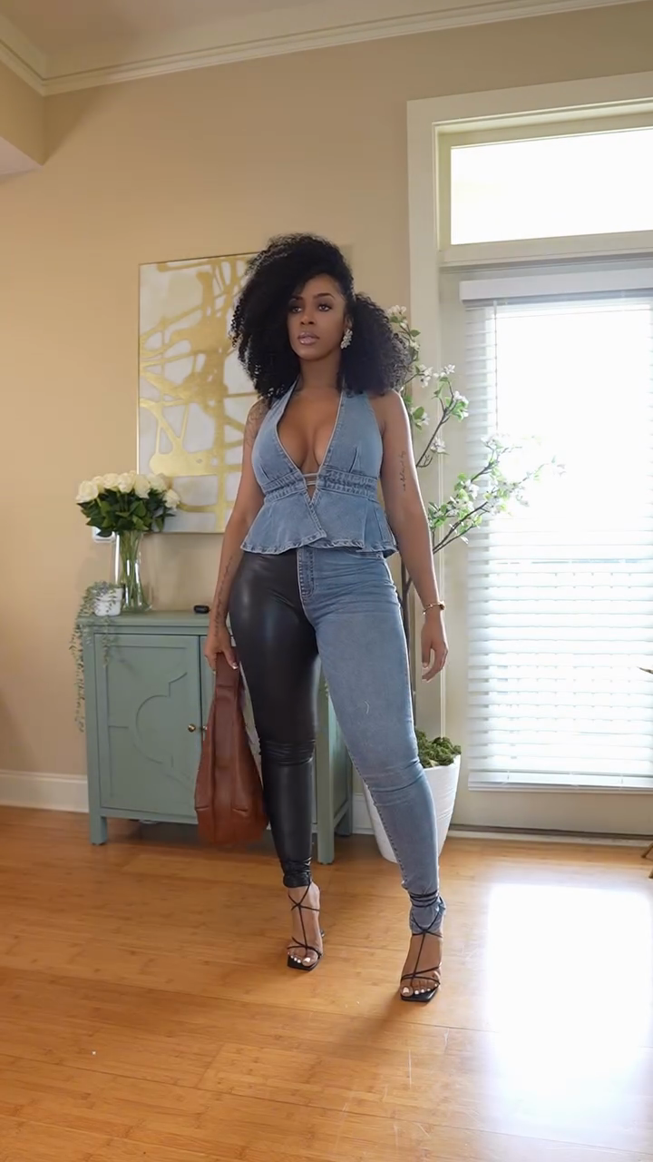 Asymmetric Denim & Faux Leather Two - Piece Set
