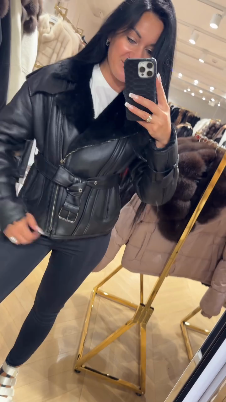 Black Shearling - Collar Belted Leather Jacket