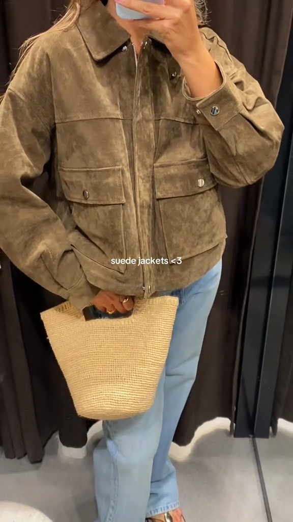 Khaki Suede Cropped Jacket with Flap Pockets