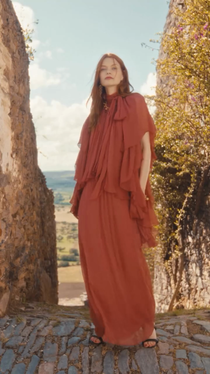 Rusty Pleated Chiffon Maxi Dress