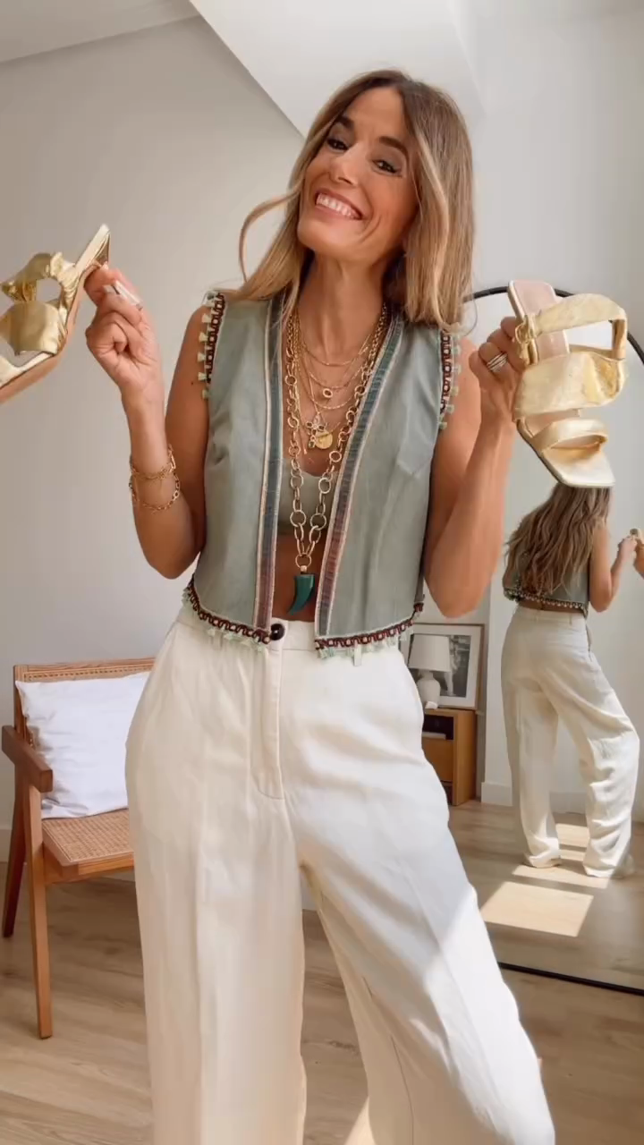 Light Green Embroidered Sleeveless Denim Vest