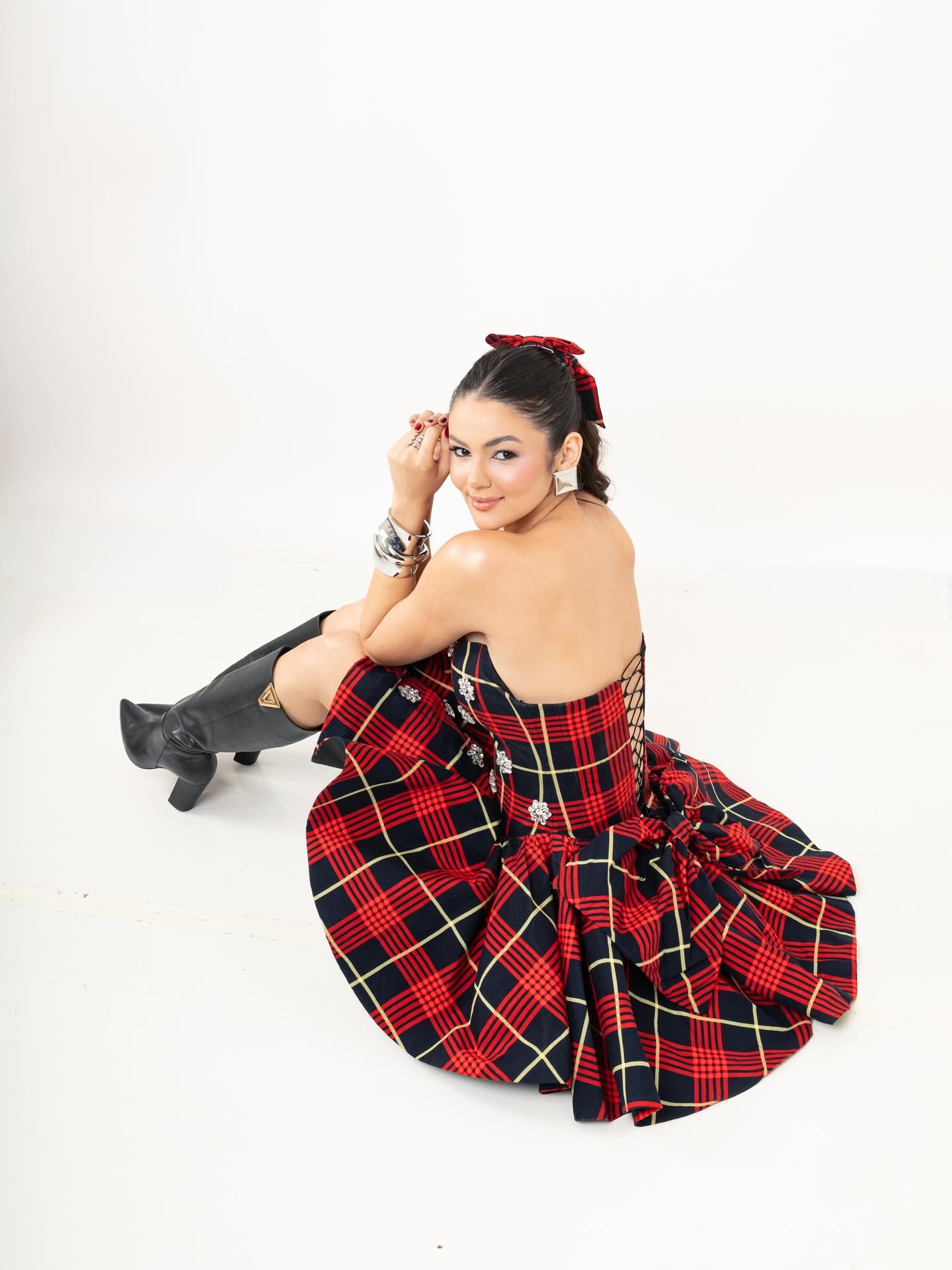 Red and Black Plaid Strapless Mini Dress