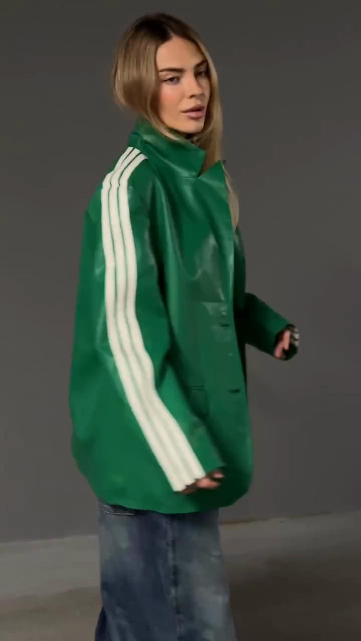 Green Faux Leather Jacket with White Striped Sleeves