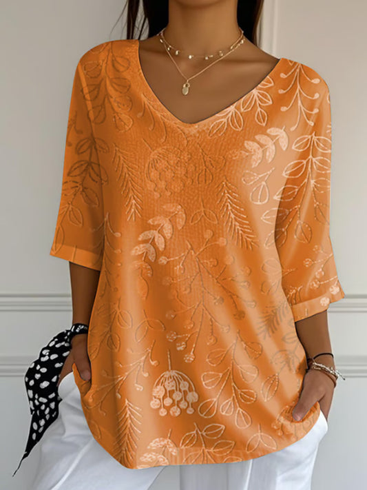 Women's Autumn Style Print V-neck T-shirt