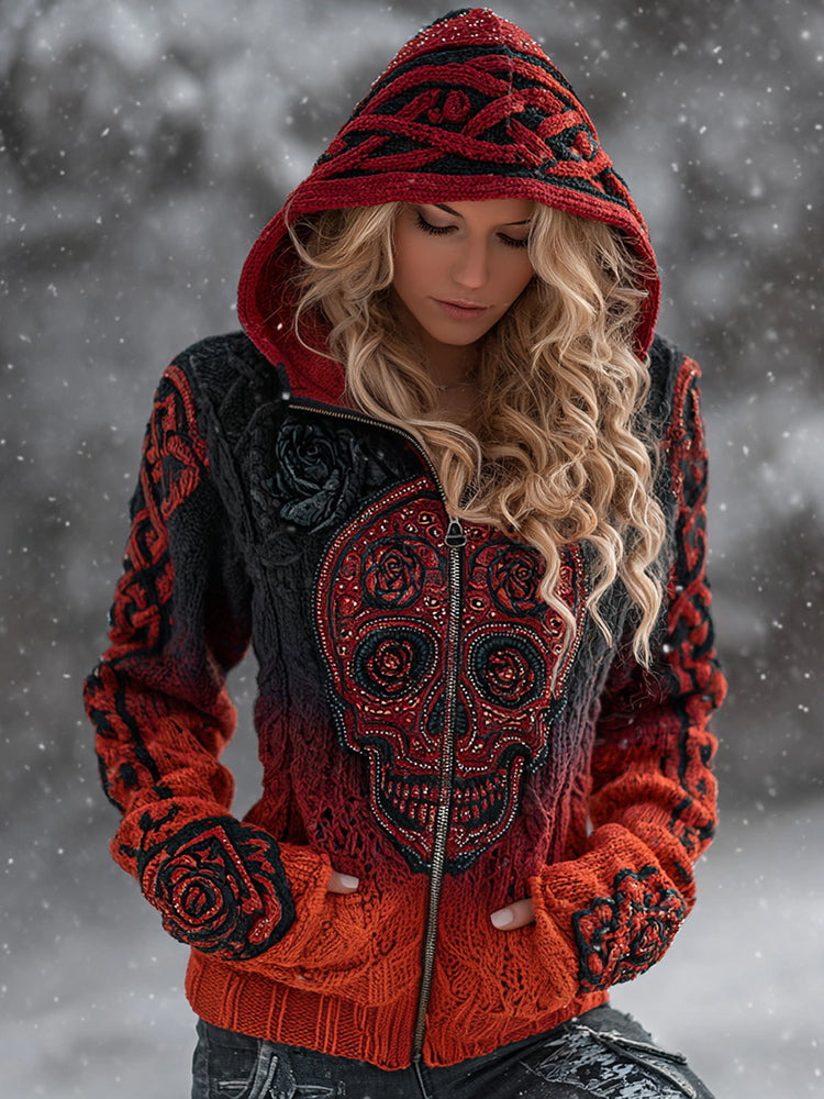 Women's Rose And Skull Inspired Chunky Zipper Knitted Hooded Cardigan