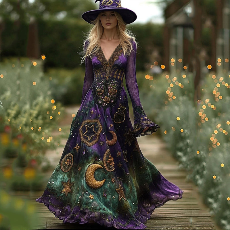 Women's Halloween Gradient Tarot Star And Moon Design Witch Maxi Dress